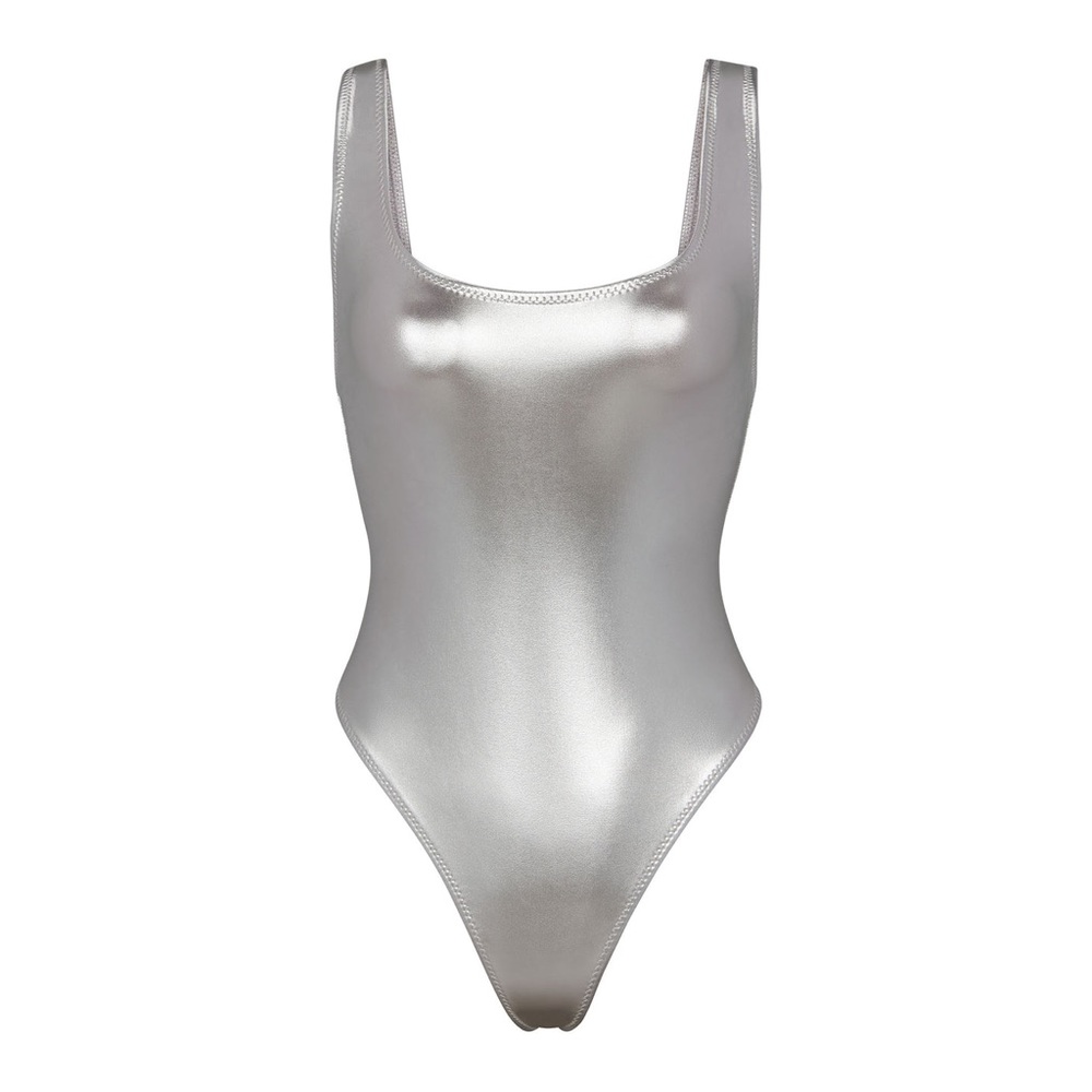 SKIMS METALLIC SWIM HIGH CUT ONE PIECE in Nickel NEW